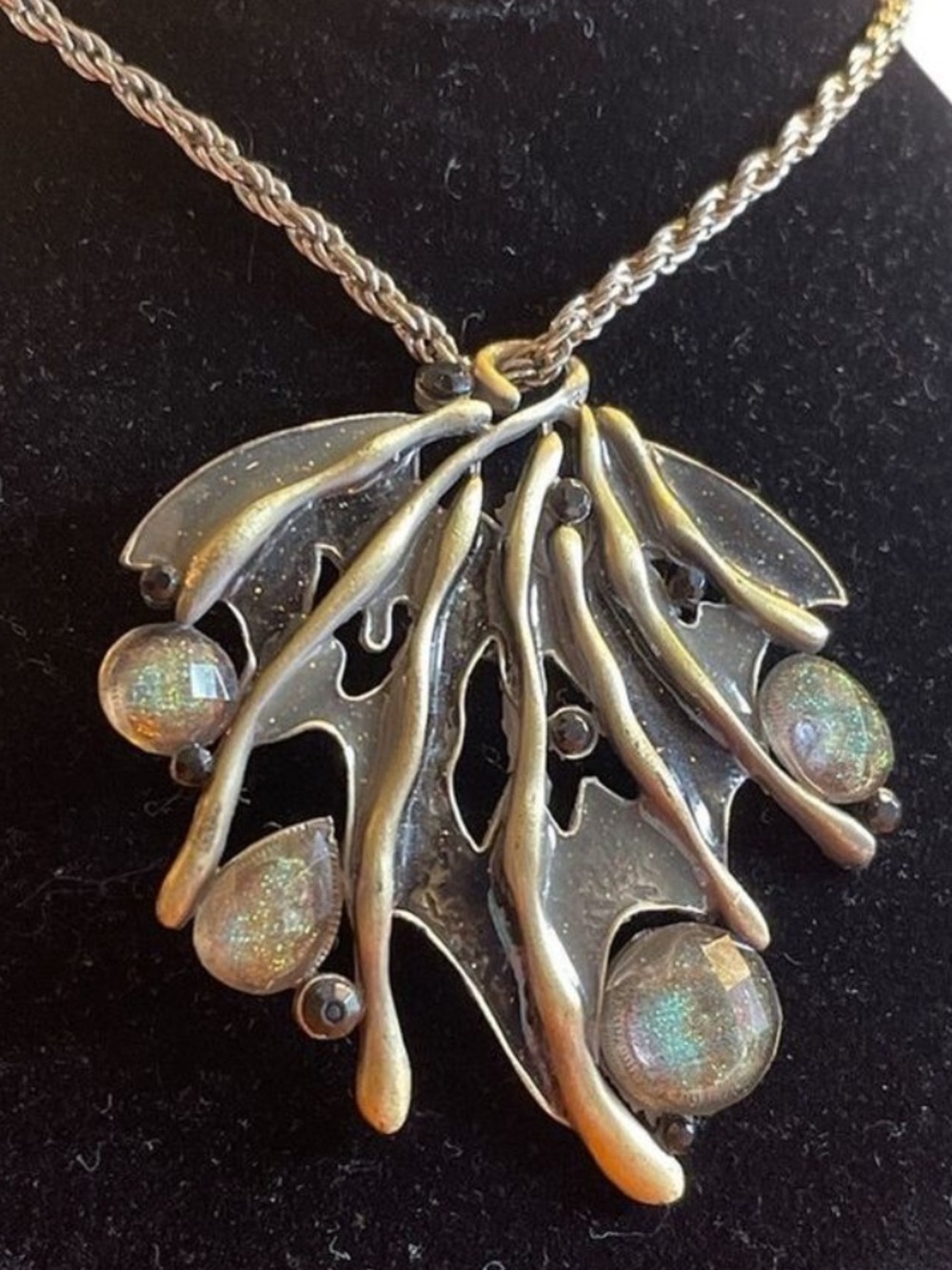 Artisan Botanical Branch Statement Necklace Druzy Pendant Art Jewelry Boho